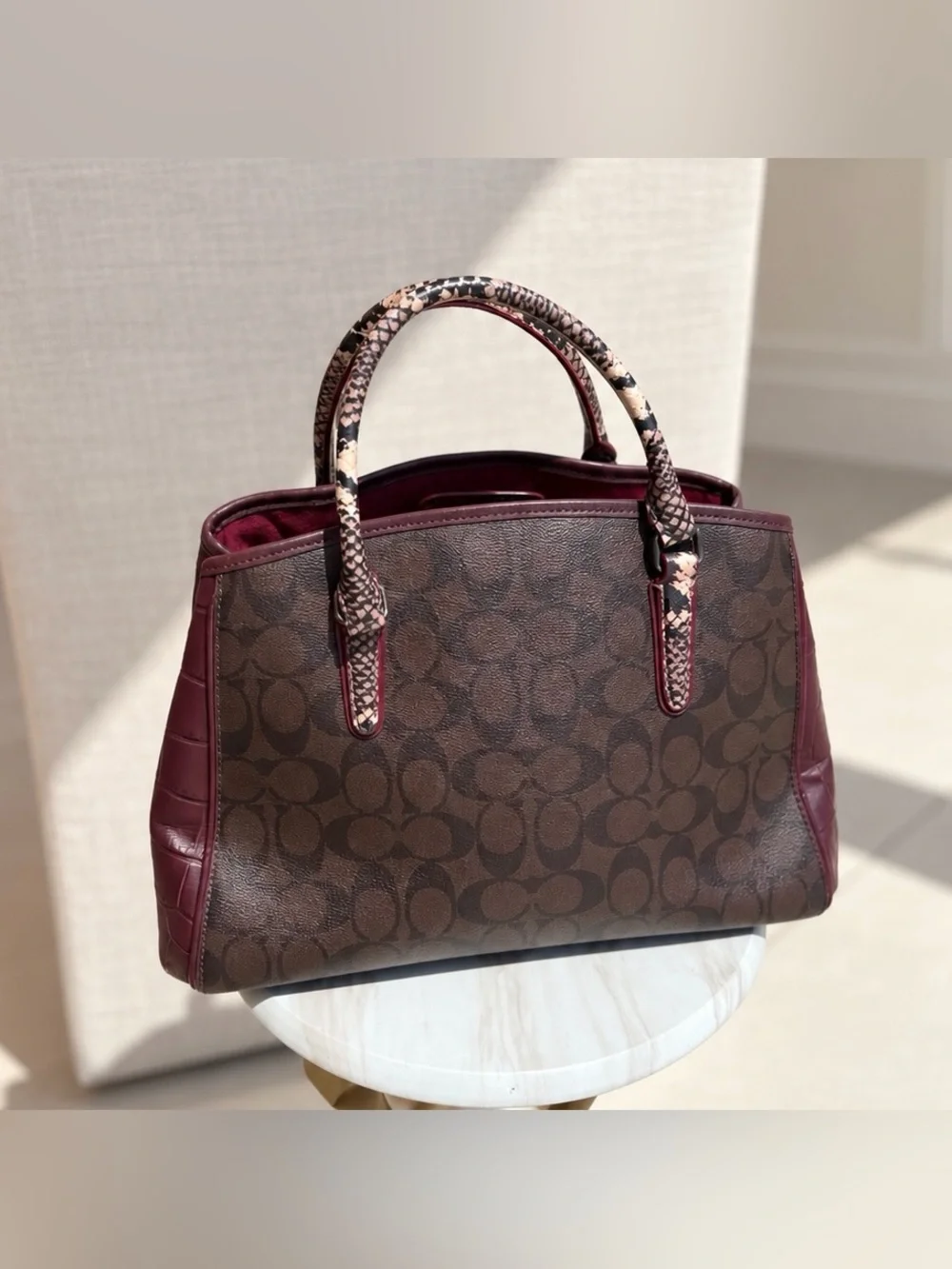 Coach Carry all satchel handbag monogram brown burgundy phyton handle embossed